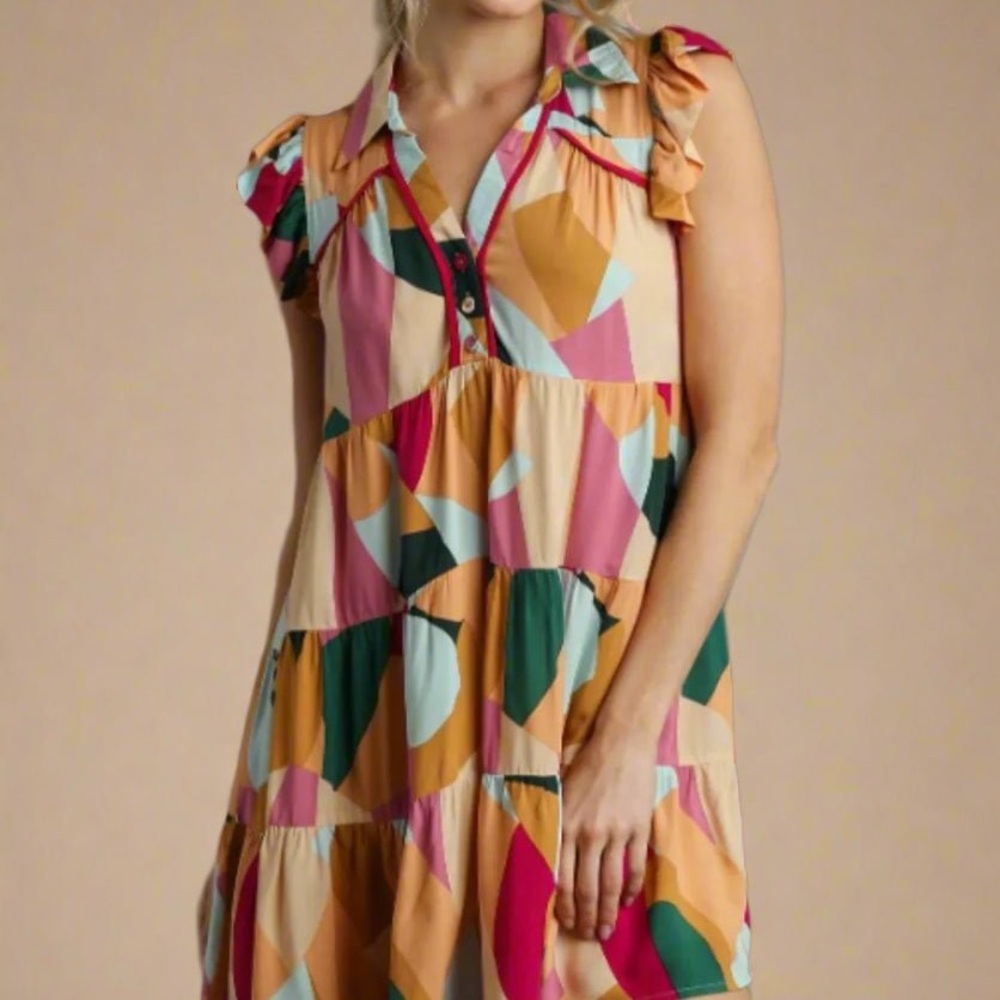 Umgee Peach And Fuchsia Printed Flutter Sleeve Dr… - image 2